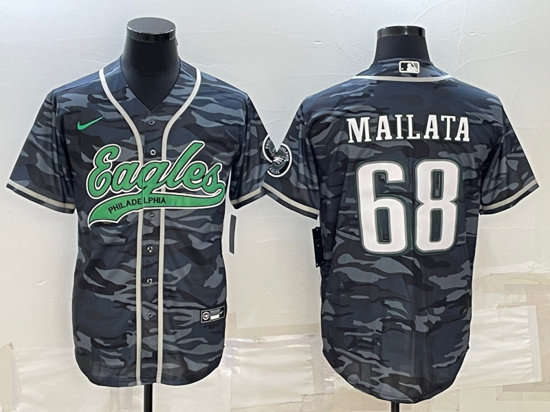 Men's Philadelphia Eagles #68 Jordan Mailata Gray Camo With Patch Cool Base Stitched Baseball Jersey - Click Image to Close